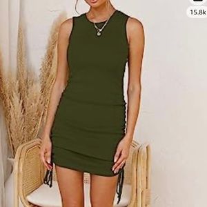 Sleeveless Bodycon Ruched Mini Short Dress Side Drawstring Army Green Sz S